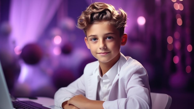 Purple background with a boy gaming on a gaming computer