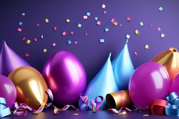 A purple background with a bunch of colorful balloons and confetti.