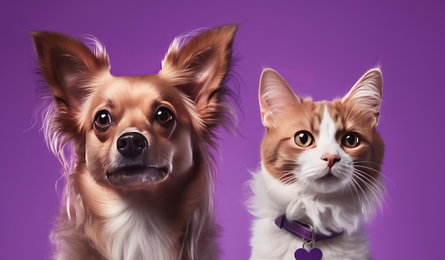 A purple background with a dog and a cat.