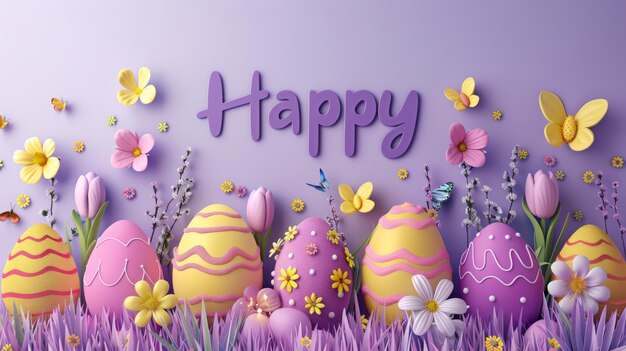 Purple background with easter eggs and flowers