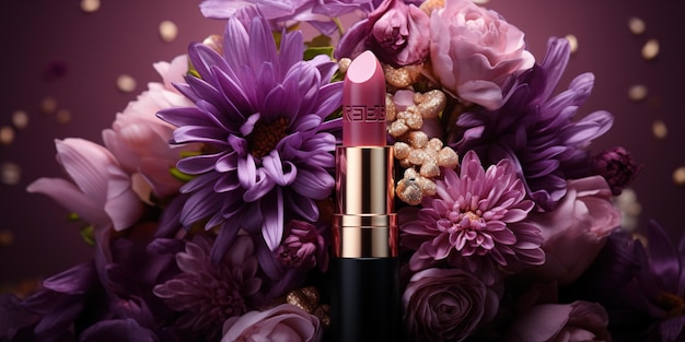 A purple background with flowers and lipstick