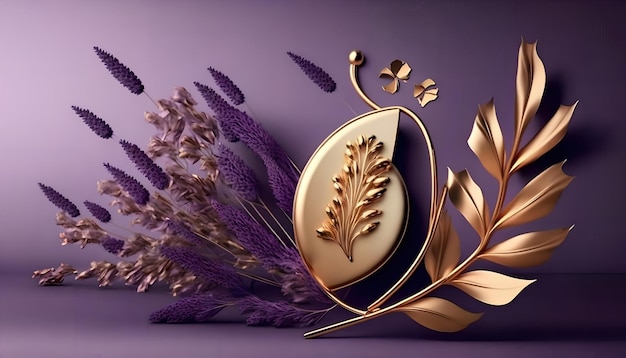 A purple background with a gold leaf and flowers.