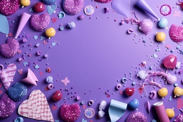 Purple background with a heart and a ribbon that says happy birthday