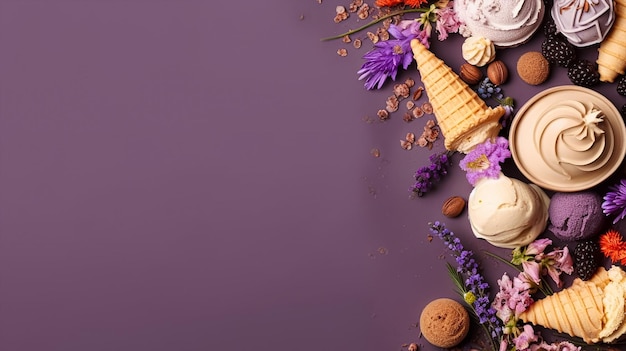 紫色の背景にアイスクリームと花。