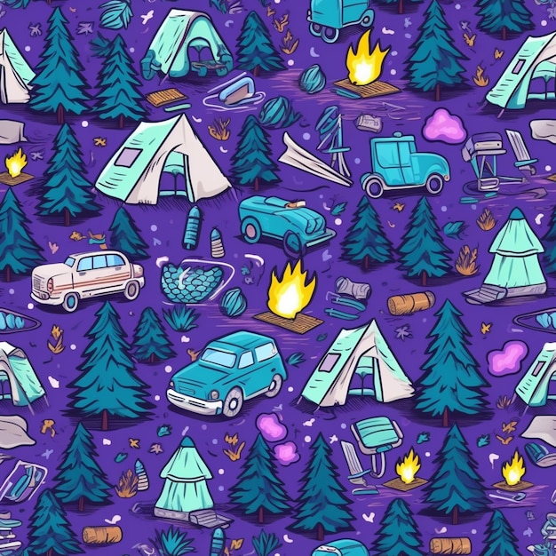 a purple background with a lot of camping items and trees generative ai