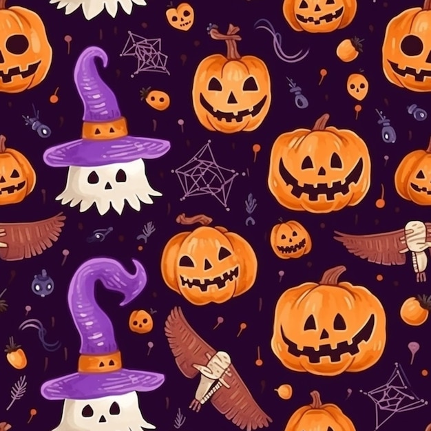 A purple background with a lot of halloween pumpkins and witches generative ai