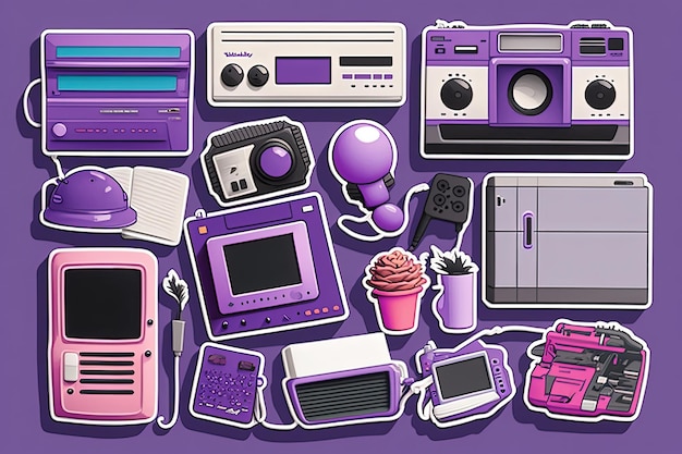 Фиолетовый фон с объектами из генеративного ИИ 80-х