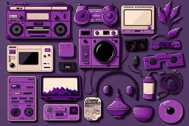 Purple background with objects from the 80's Generative AI