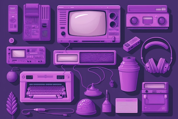 Фиолетовый фон с объектами из генеративного ИИ 80-х