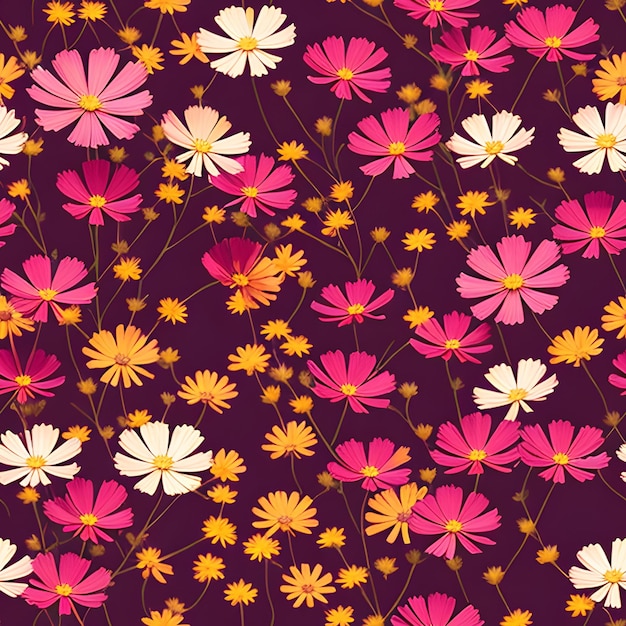 A purple background with a pattern of daisies and flowers.