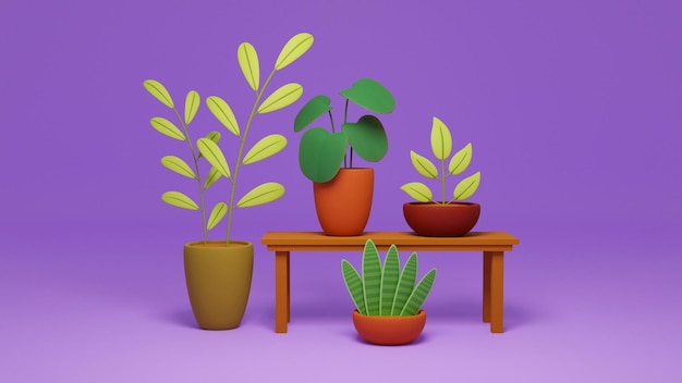 A purple background with plants on a table and one of them has a purple background