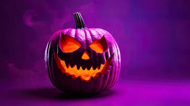 A purple background with a pumpkin face carved into a pumpkin