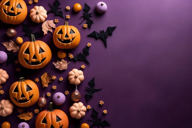 purple background with pumpkins and bats and decorations on it generative ai