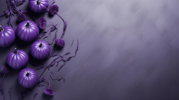 Purple background with pumpkins Halloween decor with copyspace