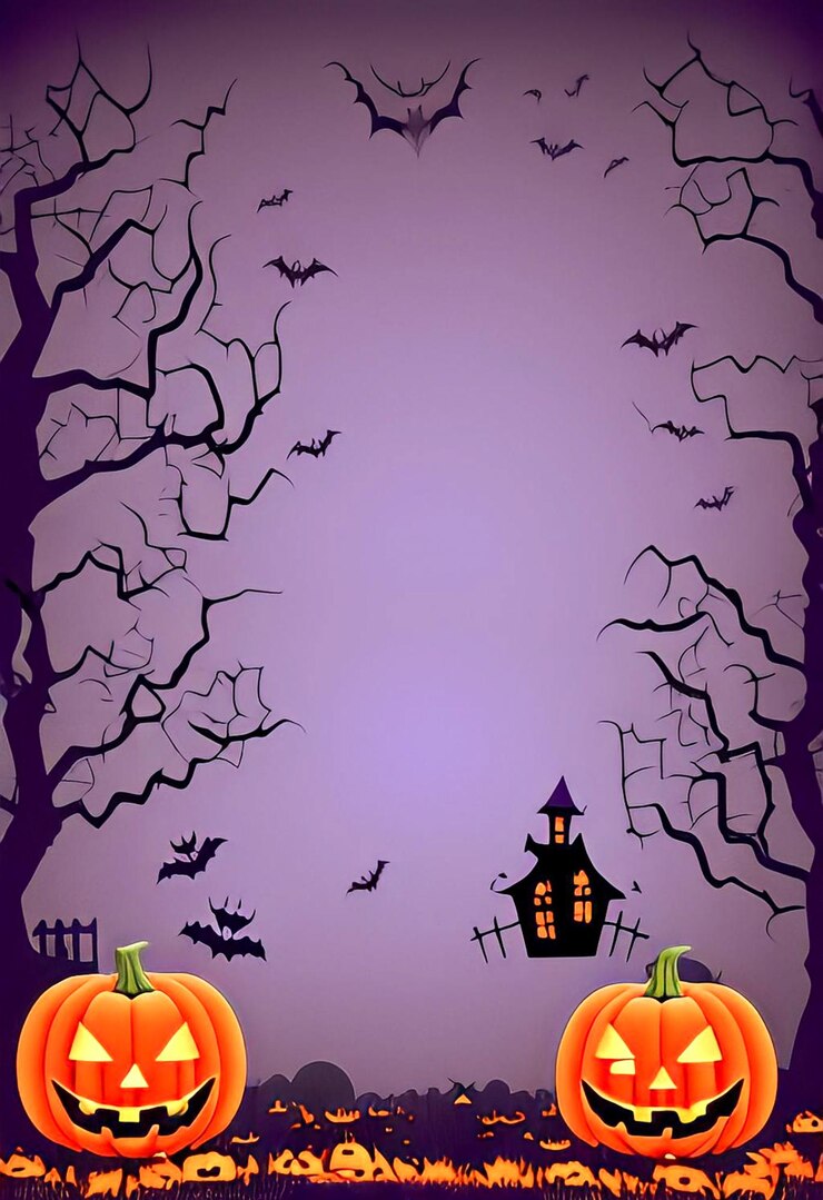 A purple background with pumpkins and a house with a pumpkin on it