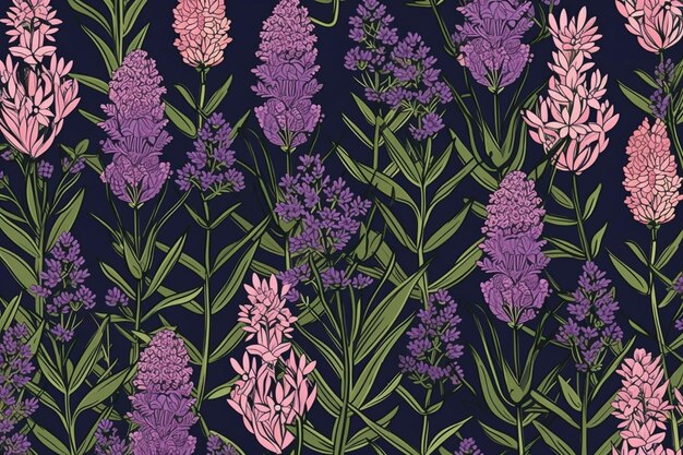 A purple background with purple flowers and green leaves.