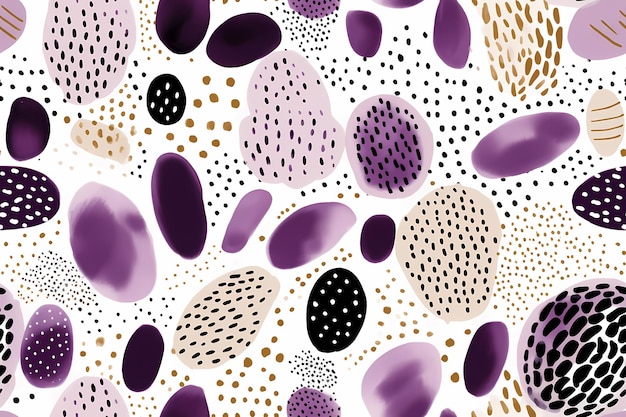 a purple background with purple and yellow circles and dots.