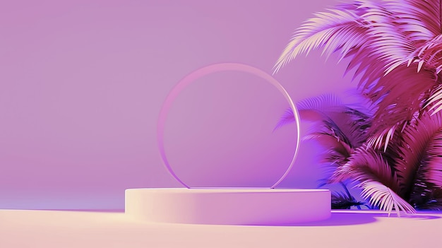 A purple background with a round podium and palm trees summer product presentation