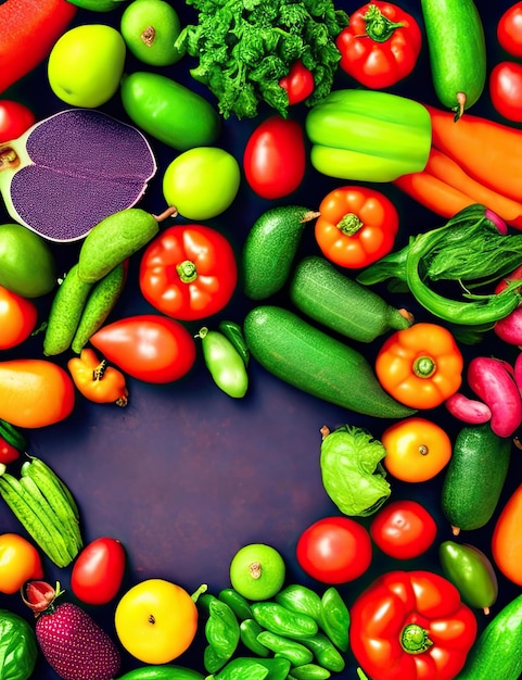 紫色の背景に、赤いトマト、キュウリ、緑のトマトなど、さまざまな野菜が描かれています。