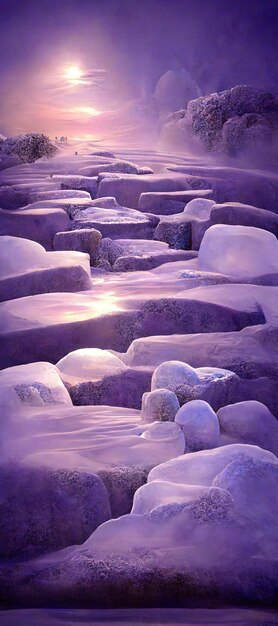 a purple background with a waterfall and a light shining on it