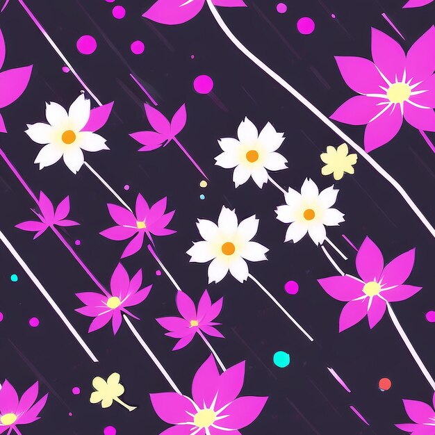 A purple background with white flowers and a yellow flower.