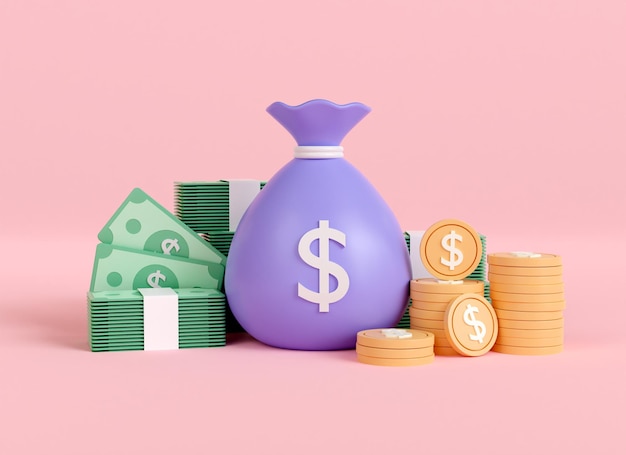 A purple bag with a dollar sign on it sits next to stacks of coins.