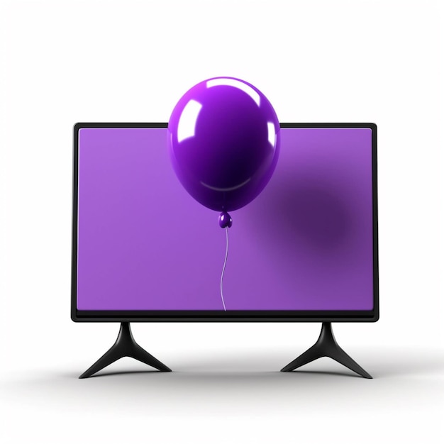 Foto palloncino viola che galleggia su uno schermo di computer con uno sfondo bianco