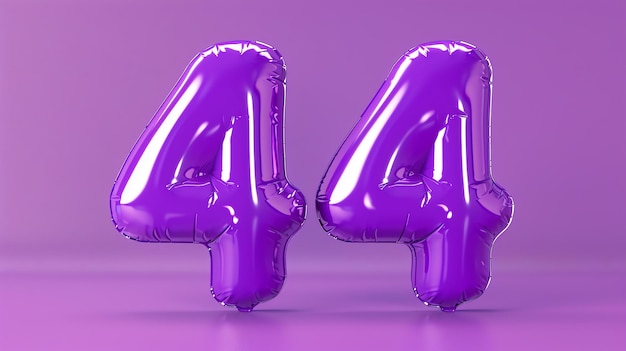 Foto un palloncino viola a forma di numero 44 il palloncino galleggia nell'aria su uno sfondo viola