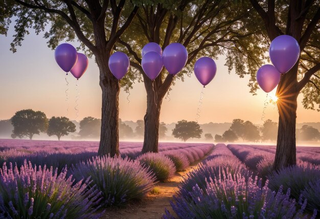 Foto palloncini viola nel cielo con pallocini viola al centro