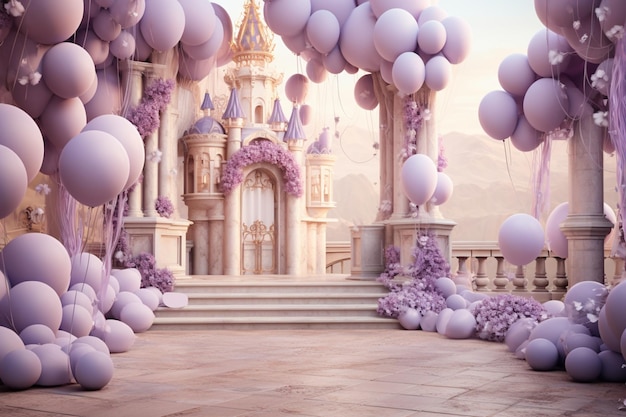 Photo purple balloons with a castle on the top and a castle on the left