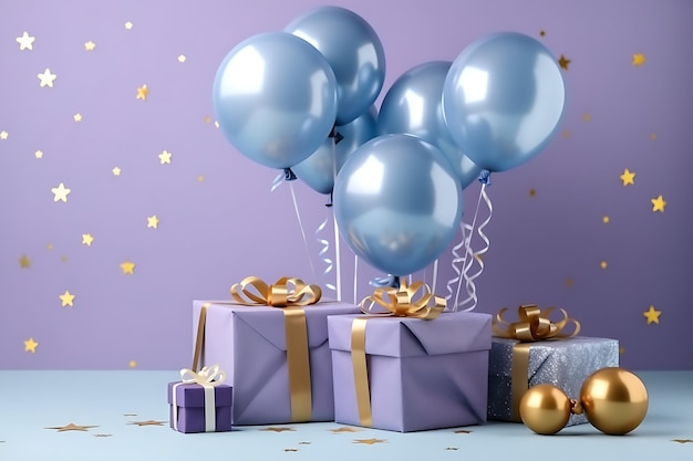 purple balloons with gifts on lilac background