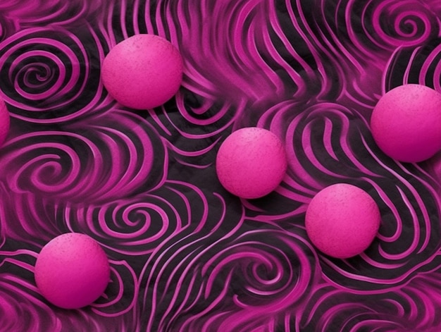 Purple balls are on a black and pink swirly surface generative ai