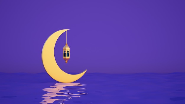 Purple banner with moon and lantern for muslim holidays and ramadan d rendering