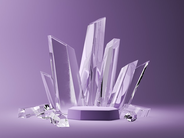 The purple base and crystal sticks in the purple scene. abstract background for accessories or jewelry. 3d rendering