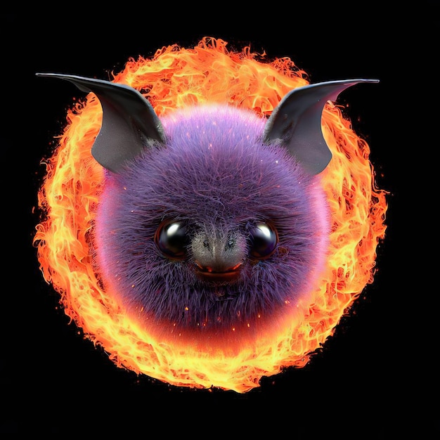 눈과 귀가 달린 보라색 박쥐가 불꽃에 둘러싸여 있습니다.