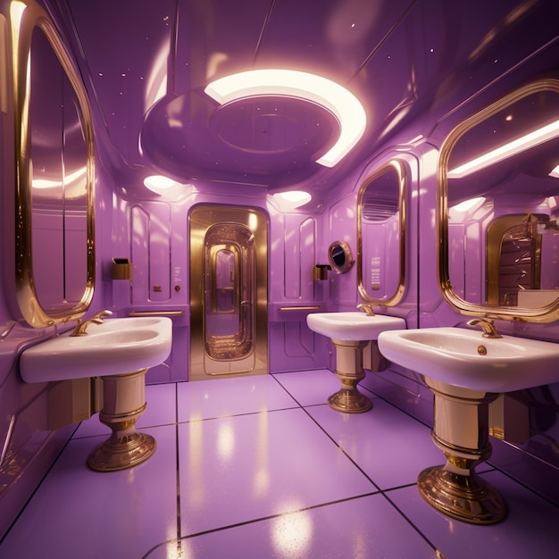 purple bathroom with gold accents and mirrors and a sink generative ai