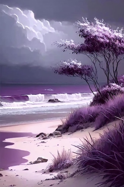 A purple beach with a beach and the moon