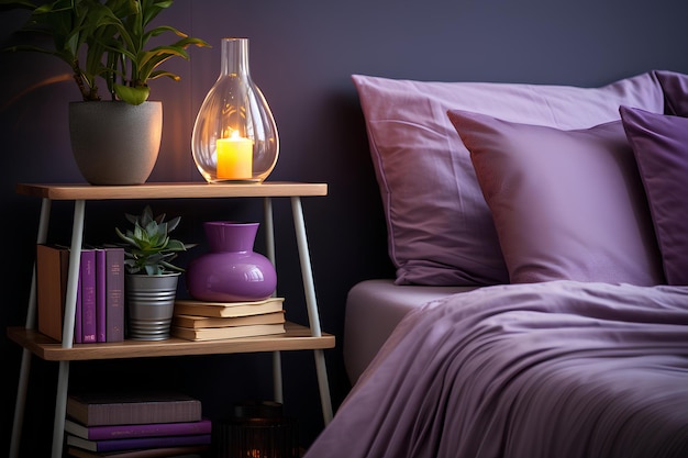 Purple bed linens as well as pillows and a candle