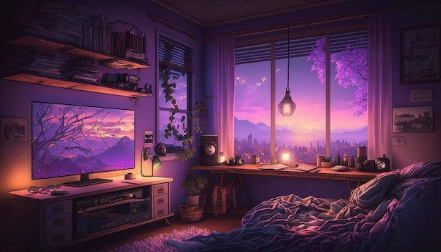 Фото Фиолетовая спальня с видом на горы