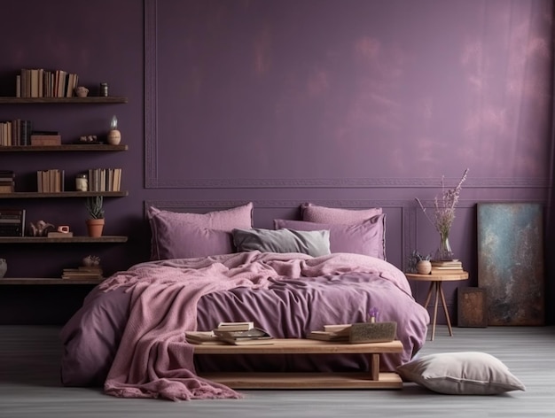 A purple bedroom with a bed and a shelf with books on it.