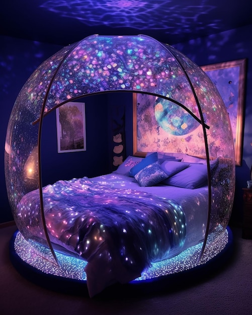 A purple bedroom with a bed that has a moon on it