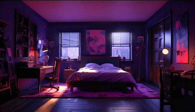 The purple bedroom with black bed and white table