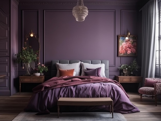 紫色のベッドと木製のベンチを備えた紫色の寝室。