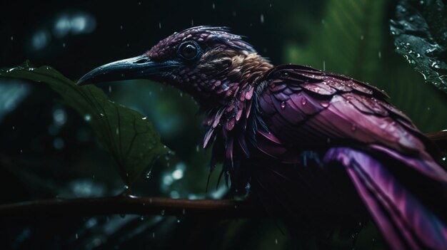 Photo a purple bird with a black beak sits on a branch in the rain.
