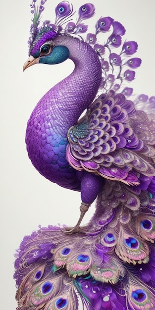 A purple bird with a long tail is on a white background.