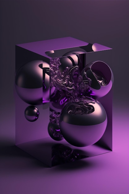 Purple and black abstract design with spheres and a cube generative ai