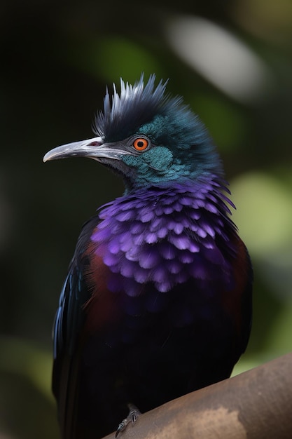 A purple and black bird with a bright orange eye and a black beak.