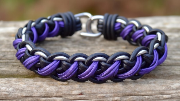 A purple and black bracelet with a silver link.