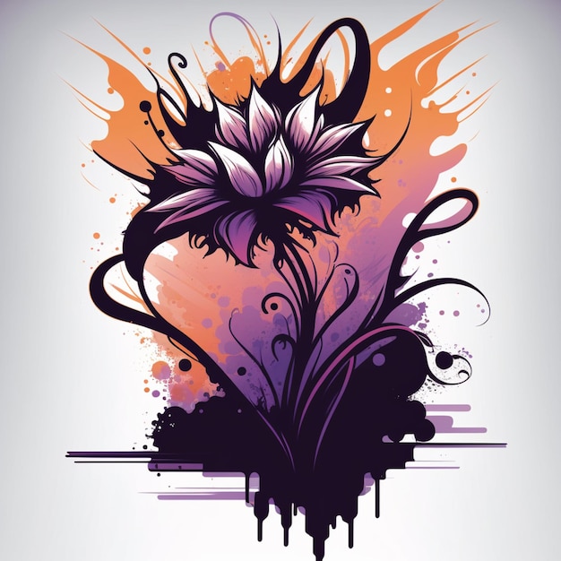 Photo purple and black flower with splats and swirls on a white background generative ai