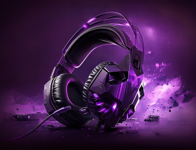 Purple and black headphones with a purple background generative ai